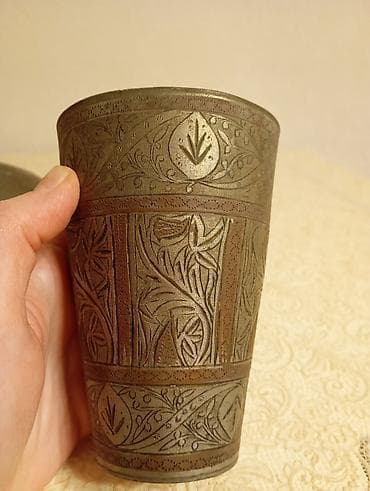 Qədim mis-latun şəkər qabı və stəkan (XIX əsrin sonu)