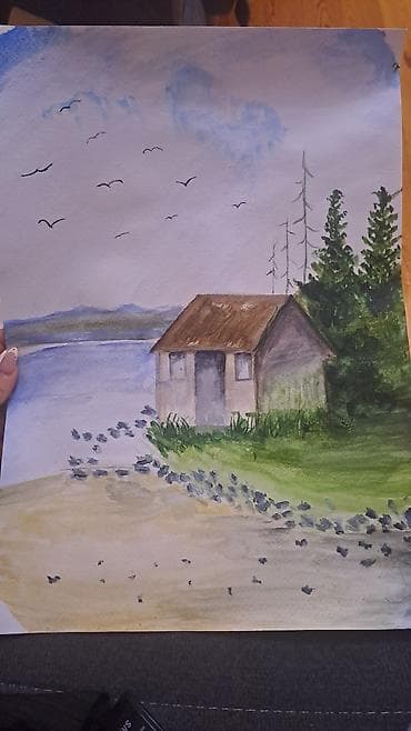 Akvarel tablo – göl kənarında ev mənzərəsi Əl işi akvarel rəsm əsəri at lalafo.az Akvarel tablo – göl kənarında ev mənzərəsi Əl işi akvarel rəsm əsəri