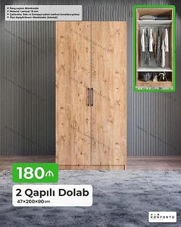 2 qapılı geyim dolabı Ölçü: 47×200×90 sm Material: 18 mm laminat