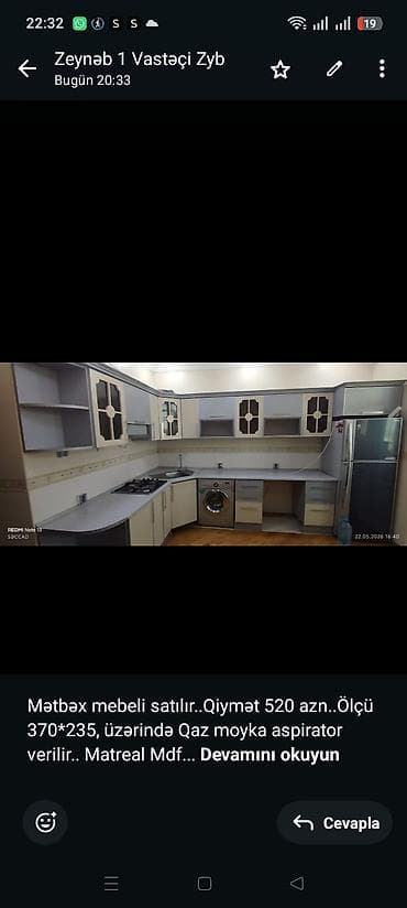 Mətbəx mebeli satılır. Qiymət 520 azn. Ölçü 370*235, üzərində Qaz — 1