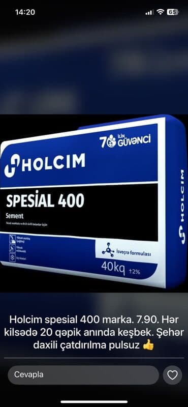 Holcim sement – 40 kq kisələr Holcim spesial M400 7.90 Holcim