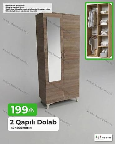 skaf: 2 qapılı geyim dolabı - Ölçü: 47×200×90 sm - Material: 18 mm laminat — 1