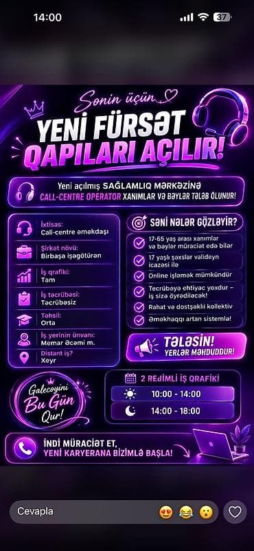 coban is: Çağrı mərkəzi operatoru tələb olunur, İstənilən yaş, Təcrübəsiz — 1