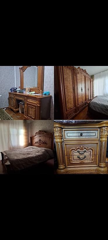 Двуспальная кровать, Трюмо, Тумба, Шкаф, Б/у — 1