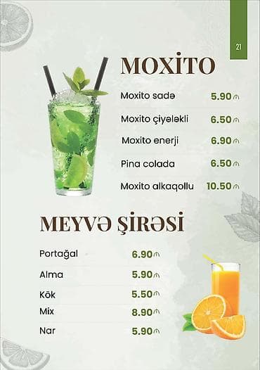 al palaz: Menyu – Sərinləşdirici içkilər Moxito: - Moxito sadə – 5.90 - Moxito — 1