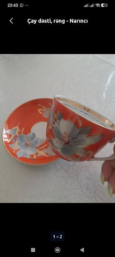sunger: Çay dəsti, rəng - Qırmızı, Farfor — 2