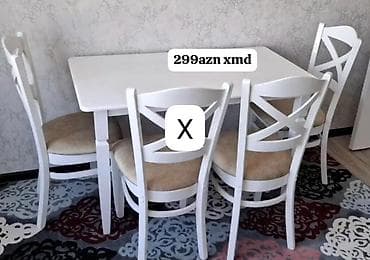 stol ustul: Ağ rəngdə yemək otağı dəsti – masa və 4 stul. - Masa: düzbucaqlı üst — 1