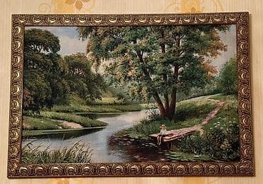 qara sekiller: Yağlı boya tablo – çərçivəli - Mövzu: Təbiət mənzərəsi. Sakit çay — 1