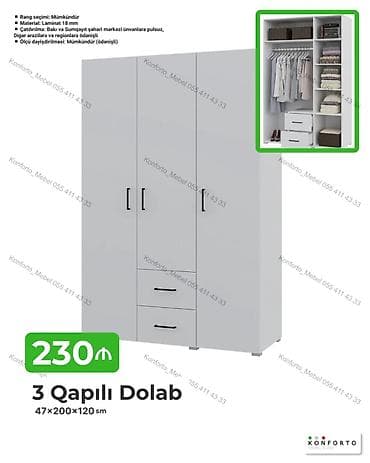 3 qapılı geyim dolabı - Ölçü: 47 × 200 × 120 sm - Material: 18 mm — 1
