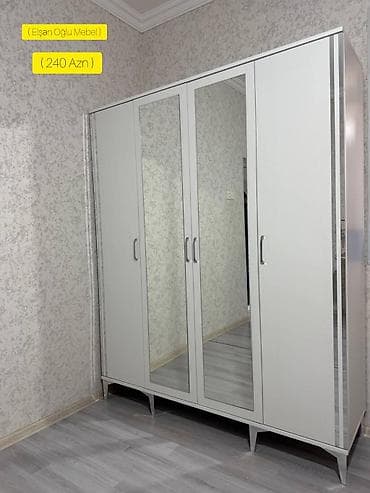 Yeni, 4 qapılı, Güzgülü, Ağ, Digər material, Açılan, Düz dolab