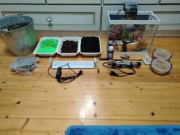 baliq levazimatlari satisi: Akvaryum dəsti – tam komplekt - Şüşə akvaryum, ağ metal/PL çərçivə — 4