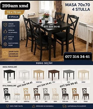 bag stol stul: Məhsul: Masa + 4 stul dəsti • Ölçü: 70 x 70 sm masa • Komplekt: 1 — 1
