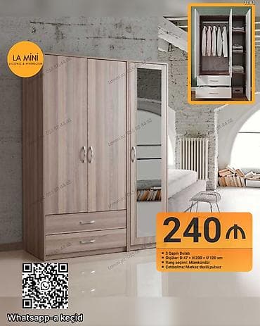 3 qapılı, Digər rəng, Taxta, Açılan, Düz dolab