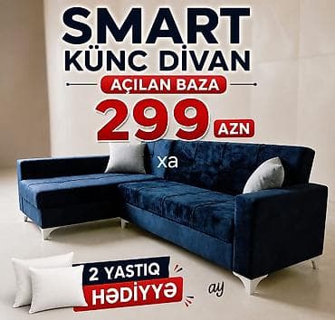 mebel sumqayit: SMART künc divan – açılan baza funksiyalı. Zərif tünd mavi parça — 1