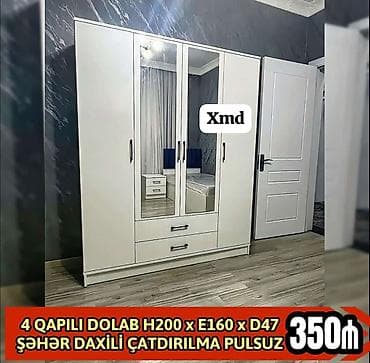 Dörd qapılı paltar dolabı – klassik ağ rəngdə, ortada iki ədəd güzgülü