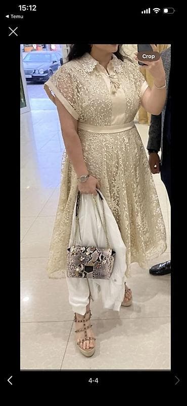 qara uzun don: Qızılı-bej rəngdə zərif qadın paltarı - Dizayn: A-kəsimli, beldən — 4