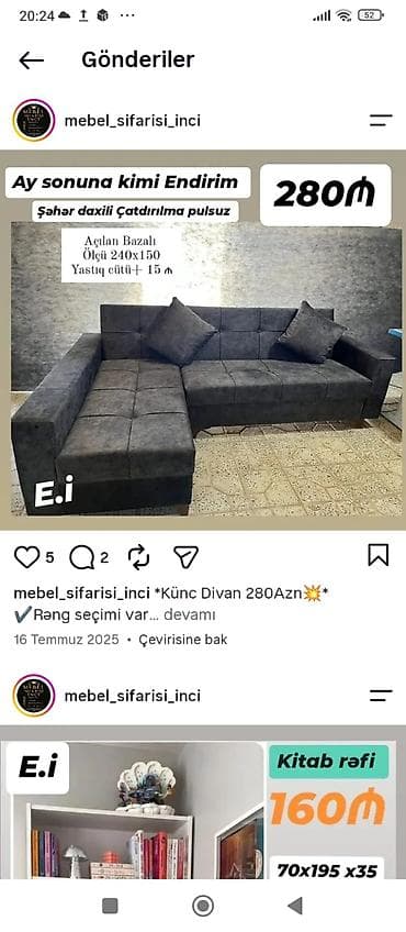 koja divan: Künc divan – açılan bazalı model - Ölçü: 240 x 150 sm - Rəng seçimi — 1