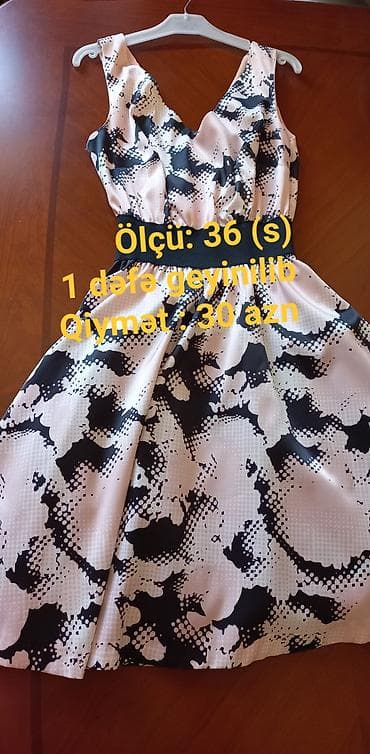 Qadın paltarı TƏCILI SATILIR – A-kesim, V-yaxa, belində elastik/qara — 2