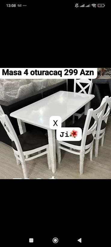kohnə stul: Ağ rəngli yemək masası dəsti – 4 nəfərlik • Dəst: 1 masa + 4 oturacaq — 1