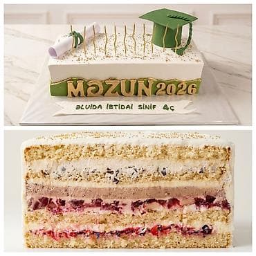 Məzuniyyət temalı tort – “MƏZUN 2026” - Dizayn: Ağ və yaşıl rənglərdə