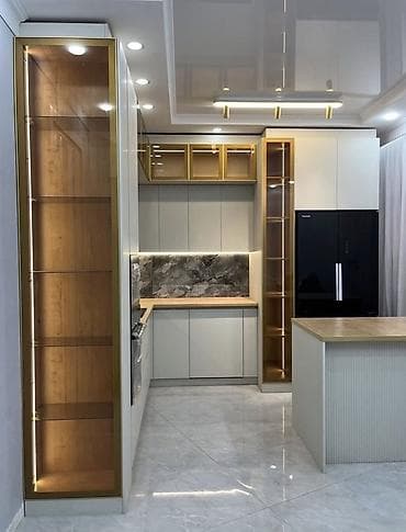 işlemiş laminat: Müasir dizaynlı mətbəx mebeli dəsti - Plan: L-şəkilli yerleşim və ada — 2