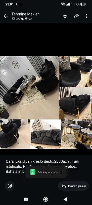 Qara lüks divan kreslo desti. 2300azn . Türk istehsalı. Prada — 1