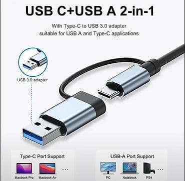 komputer lombard: 7 Portlu USB Hub – USB-C + USB-A 2‑in‑1 Xüsusiyyətlər: - Ümumi 7 port — 3