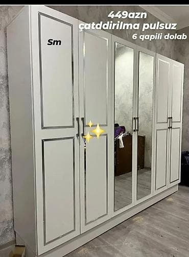 Yeni, 6 qapı, Güzgülü, Ağ, Digər material, Açılan, Düz dolab