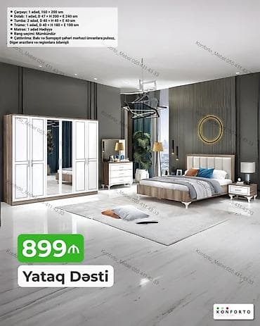 Yataq Dəsti – 899 ₼ Dəst tərkibi və ölçülər: - Çarpayı: 1 ədəd, 160 × — 1