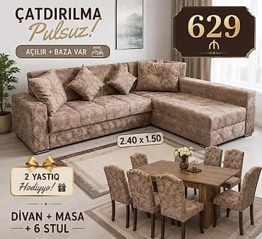 Mebel dəsti – Divan + Masa + 6 stul - Künc divan ölçüsü: 2.40 x 1.50