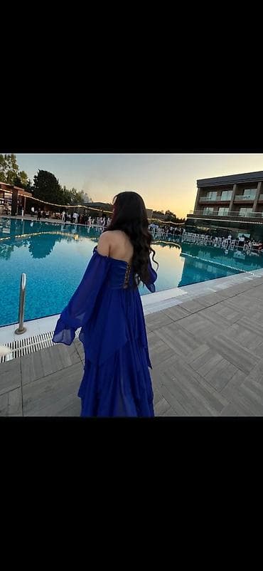 gumus sep: Kral mavi rəngdə şifon ziyafət/libas - Model: Strapless görünüşlü — 2