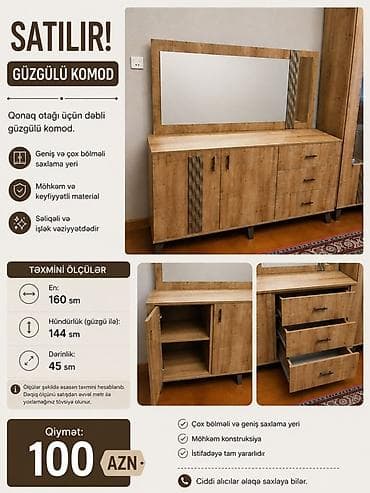 Güzgülü komod – qonaq otağı üçün dəbli model. Xüsusiyyətlər: - Geniş — 1