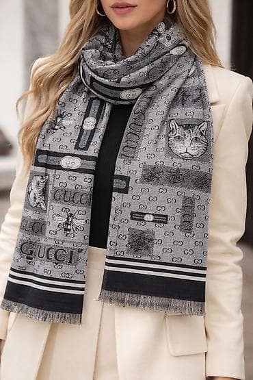 Личные вещи: Gucci Qadın şərfi – boz-qara tonlarda, monoxrom dizayn. - Üzərində GG — 2