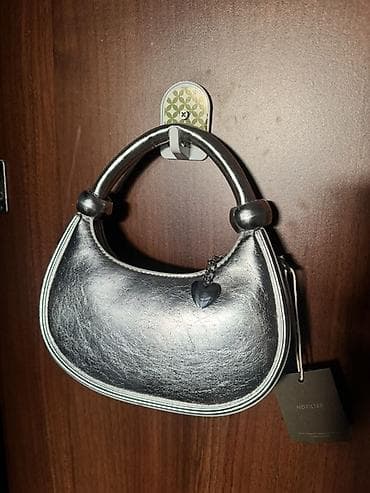 dəri sumka: Gümüşü rəngli mini çiyin/əl çantası - Forma: aypara (hobo/baguette — 2
