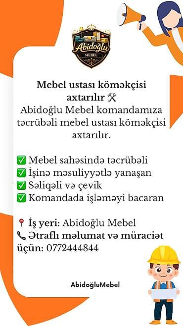 Tikinti ixtisasları: Mebel ustası tələb olunur, 3-5 illik təcrübə, 6/1, Aylıq ödəniş — 1