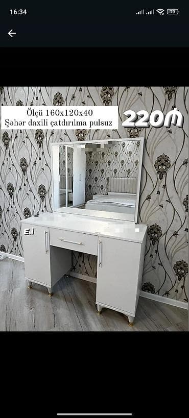 ucuz makyaj masası: Ağ rəngli makiyaj masası və güzgü dəsti - Ölçü: 160 x 120 x 40 sm - — 1