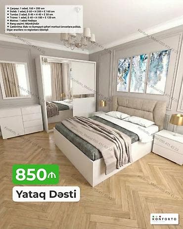 Yataq Dəsti – 850₼ Tərkib: - Çarpayı: 1 ədəd, 160 × 200 sm - Dolab: 1 — 1