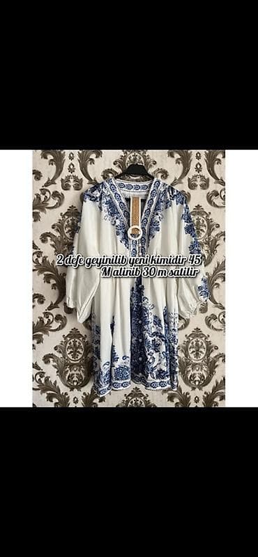 M razmer ağ rəngli boho tərzində libas. - Naxış: mavi-ağ — 1