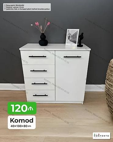 Komodlar: Komod – 40×100×80 sm - Dizayn: Ağırlıqlı ağ rəngdə, minimalistik — 1