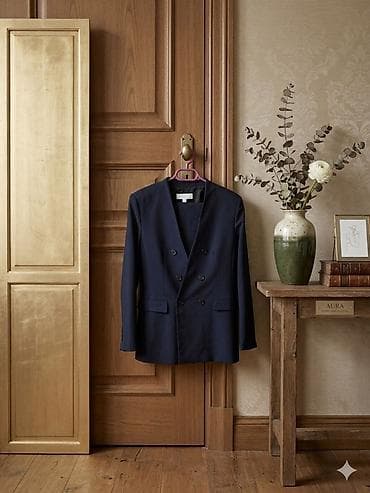 papaq modelləri: Qadınlar üçün klassik tünd-navy rəngli iki cərgə düyməli blezer. - — 3
