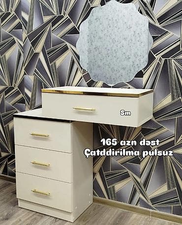 Vizaj/duşəkən masası dəsti - Rəng: krem - Güzgü: bəzəkli kənarlı