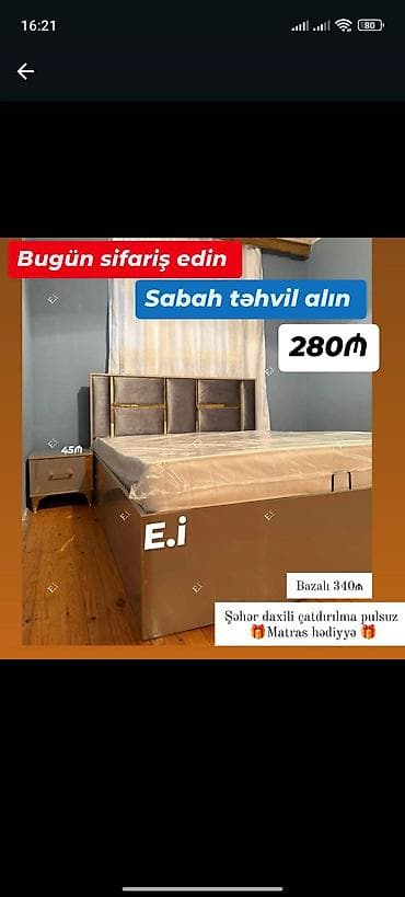 mebel dəsti: Yataq dəsti – yumşaq başlıqla, modern dizayn. - Qiymət: 280₼ - Bazalı — 1