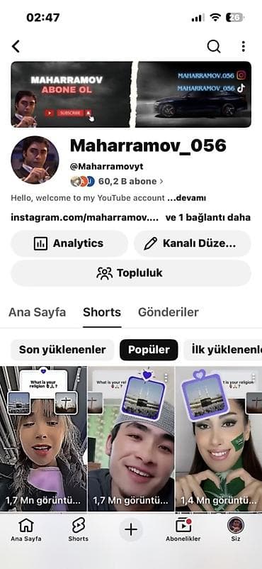 Maharramov_056 YouTube kanalı 60min satılır İphone 17 pro ilədə barter lalafo.az -da Maharramov_056 YouTube kanalı 60min satılır İphone 17 pro ilədə barter
