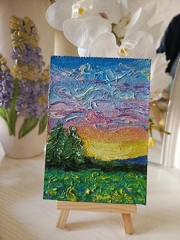 papaq şəkiləri: Mini yağlı boya tablolar dəsti - Mövzu və kompozisiya: 1) Şüşə — 2