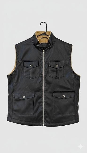 Kişi dəri jilet - Rəng: qara - Material: dəri görünümlü xarici səth