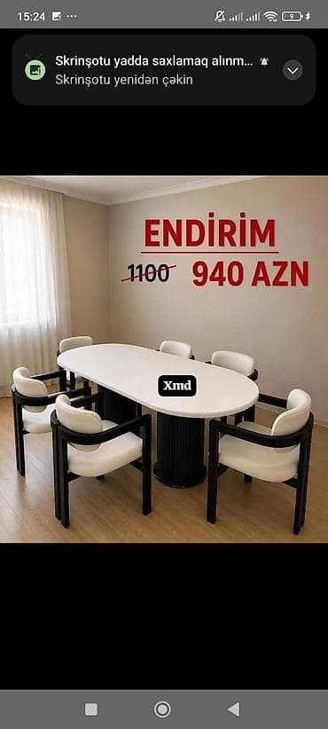 oturaca: Modern dizaynlı yemək masası dəsti. Dəstə oval formalı ağ masa və 6 — 1