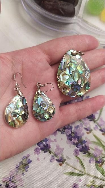 dini klon: Abalone qabıq mozaikali sırğa və kulon dəsti - Dəst: 1 cüt sırğa + 1 — 1