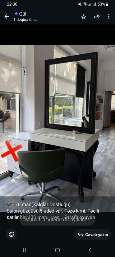 hamam guzguleri satisi: ✔️170 man(Xalqlar Dostluğu). Salon güzgüsü.5 ədəd var. Təzə kimi — 1