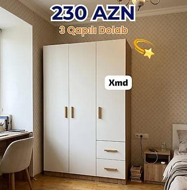 3 qapılı dolab – 230 AZN - Minimalist dizayn: ağ ön panellər, taxta