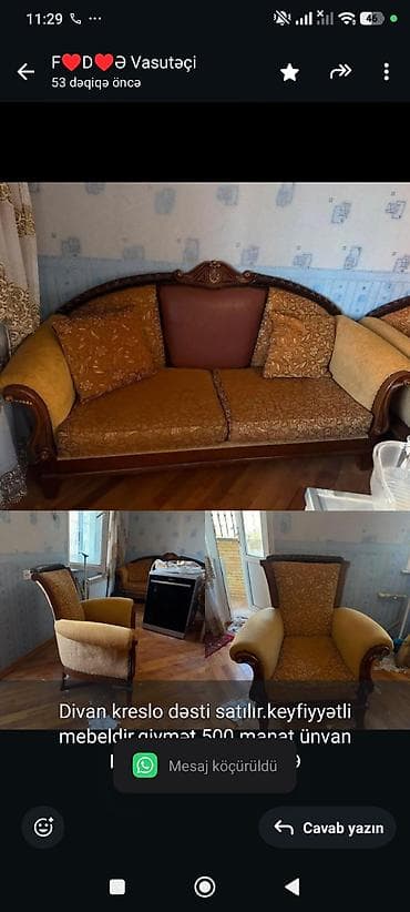 Divan kreslo dəsti satılır.keyfiyyətli mebeldir.qiymət 500 manat ünvan — 1